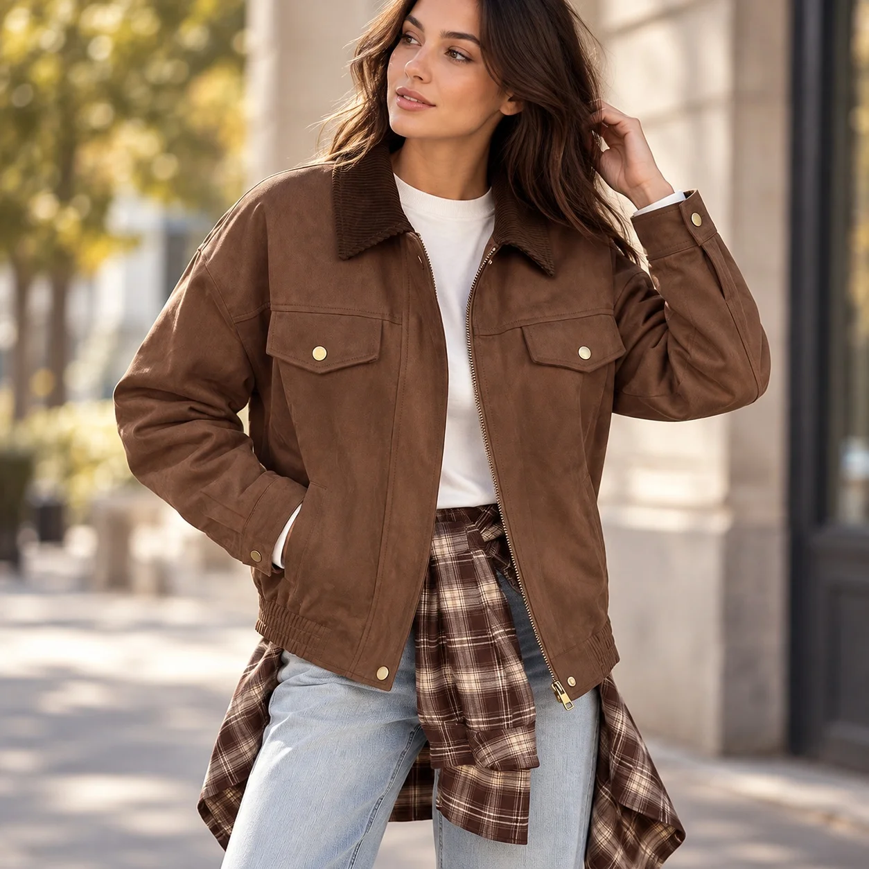 Straight Leg Single Coat Regular Length Individual Streetwear with Workwear Zipper Front No Hood Medium Thickness Women Coat