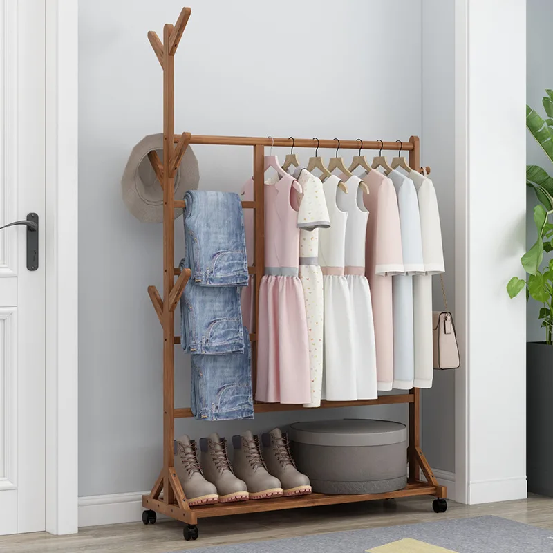 Bamboo Material Coat Rack Floor Simple Modern Hanger Home Solid Wood Hanger Rack Bedroom Clothes Rack Mobile Rack