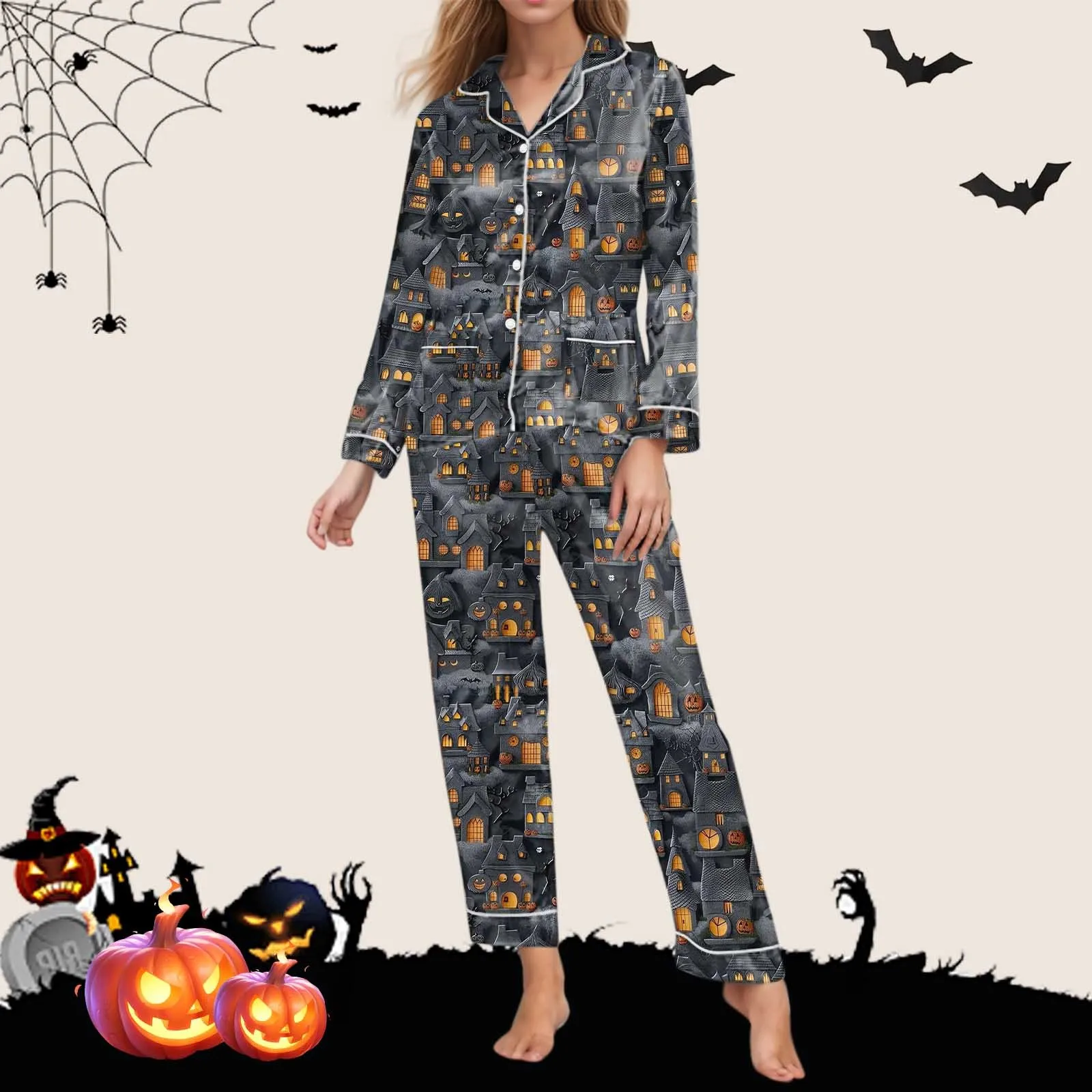 2 Piece Pajama Set Women\'s Halloween Nightgown Satin Silk Shirt Long Pants Women 2024 Halloween Pumpkin Graphic Long Pajama Set