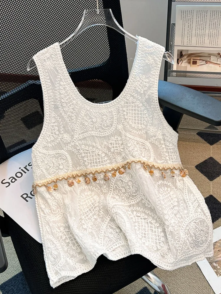 

Жилет с тяжелой вышивкой и бахромой, женская летняя верхняя одежда, топ премиум-класса с чувством, корейский свободный крой