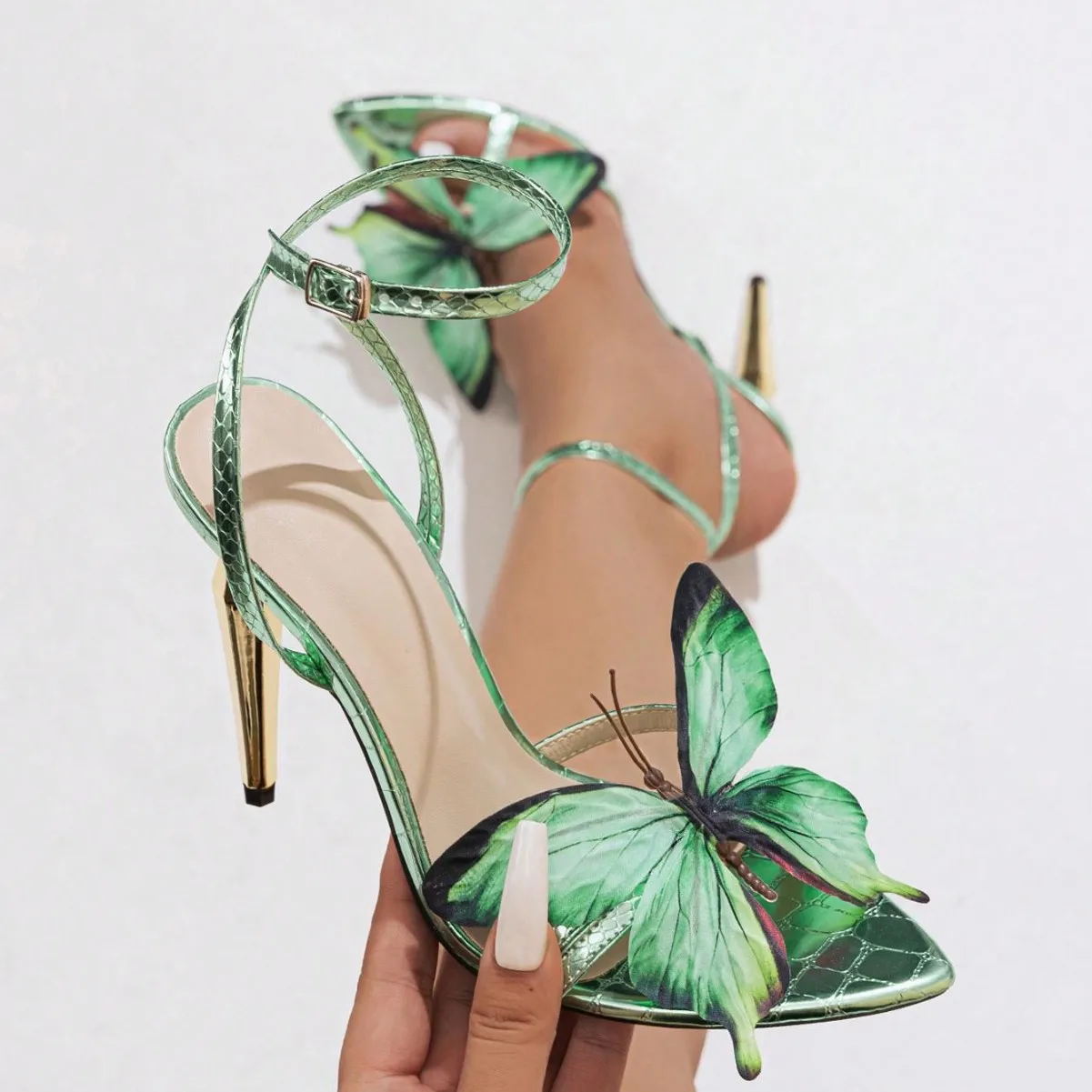 11.5cm/4.52inch Heel Summer Quality Green Women Sandals Thin Heel Butterfly Party Shoes Zapatos De Mujer