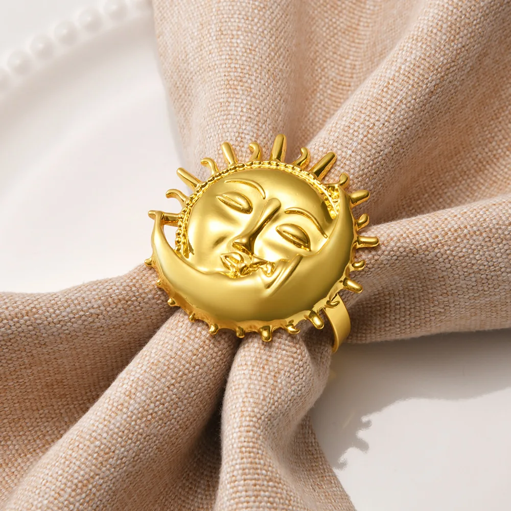 12pcs Napkin Ring Creative Festival Table Decoration Zinc Alloy Gold Smiling Face Sun Napkin Ring Moon Napkin Buckle