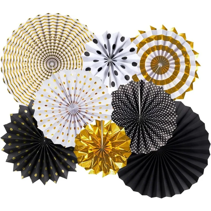 8Pcs Gold Black Paper Fans Flower Graduation Birthday Wall Backdrop Decorations Classroom Hanging Home Party Photo Prop Supplies