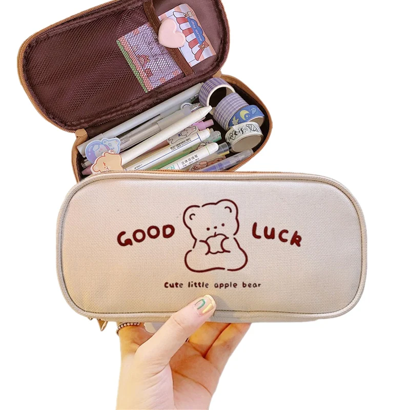 Imagem -02 - Kawaii Canvas Lápis Case para Meninas e Meninos Lápis Urso dos Desenhos Animados Pen Bolsa Caixa de Lápis Grande Capacidade Bolsa Papelaria Presente