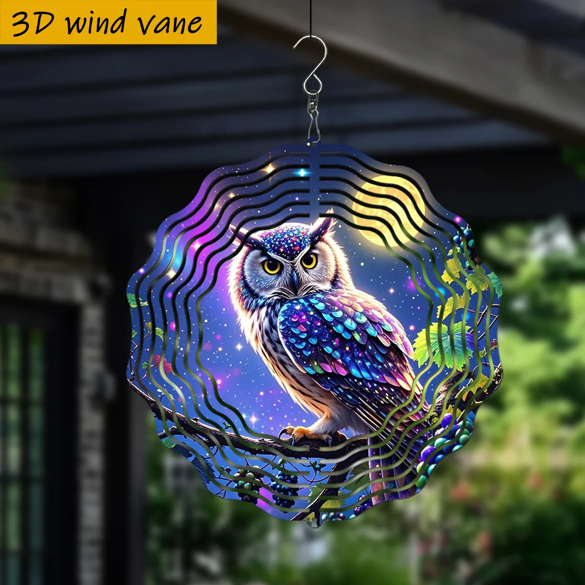 CIFbuy 3D Wind Spinner Garden Decor 360 Degree Rotating Hook Colorful Owl Branch Pattern Outdoor Patio Yard Art Ornament