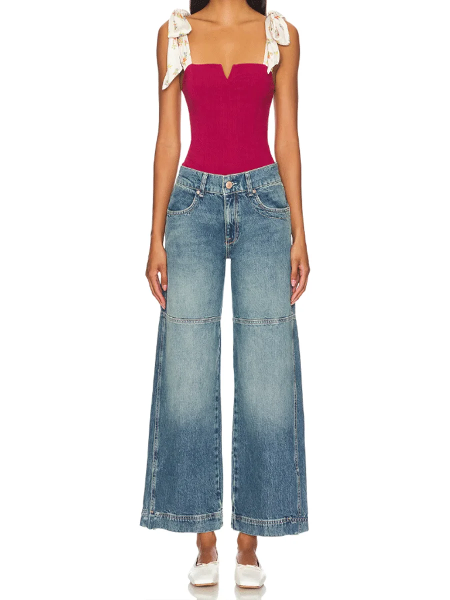 

Женские стиральные ностальгические синие модные дизайнерские повседневные простые неэластичные широкие джинсы с девятью точками