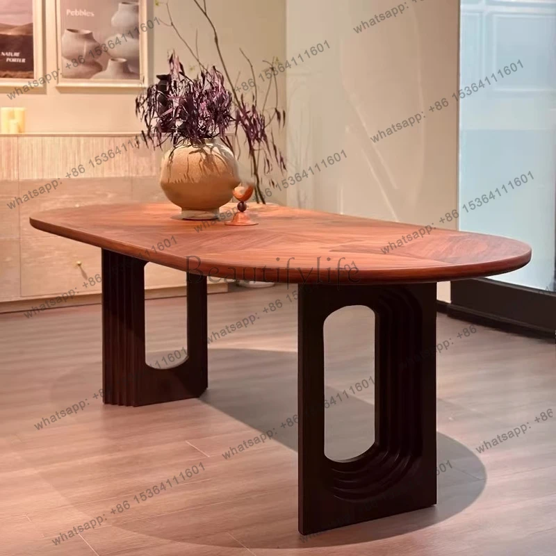 Medieval solid wood walnut color parquet oval dining table light luxury modern home