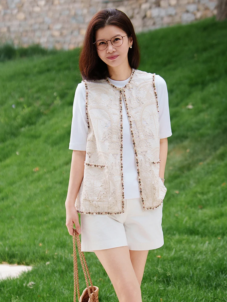 

Жилет Vi "Time Weave Feather" с тяжелой вышивкой, жемчугом и рельефным узором в стиле французского шика