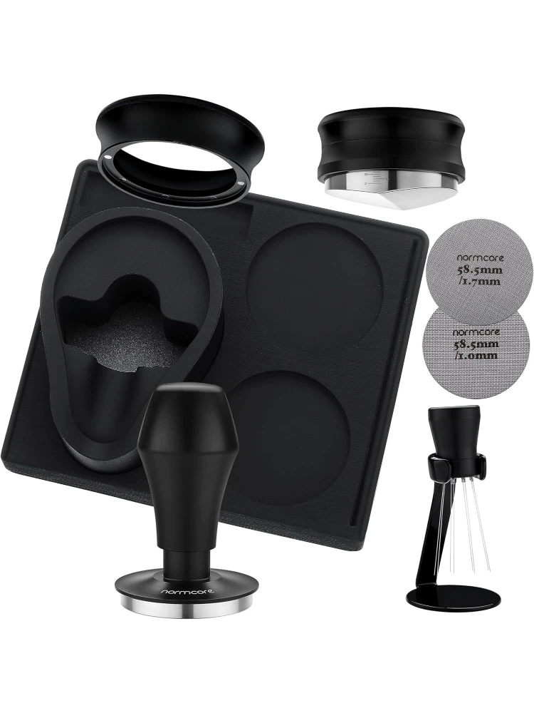 58.5mm 7-in-1 Barista Kit: Coffee Tamper, Distributor Tool, WDT with Stand, Dosing funnel, Puck Screen Set, Compact Tamping Mat