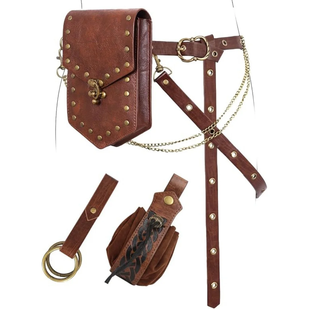 1PC/4PCS Medieval PU Leather Waist Bag Viking Multi-Layer Belt Hiking Skirt Clip Retro Halloween Costume Prop for Men And Woman
