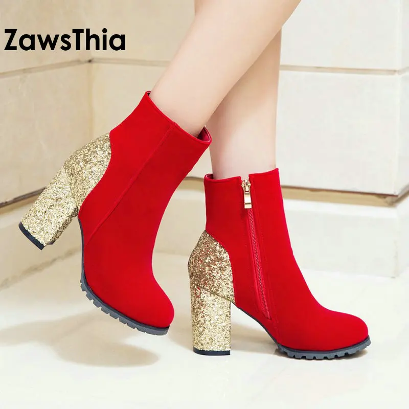 ZawsThia موضة الشتاء الذهبي الفضي الأحمر بلينغ بريق الأحذية كتلة عالية الكعب امرأة حذاء من الجلد الدافئة أفخم النساء الأحذية حجم 48