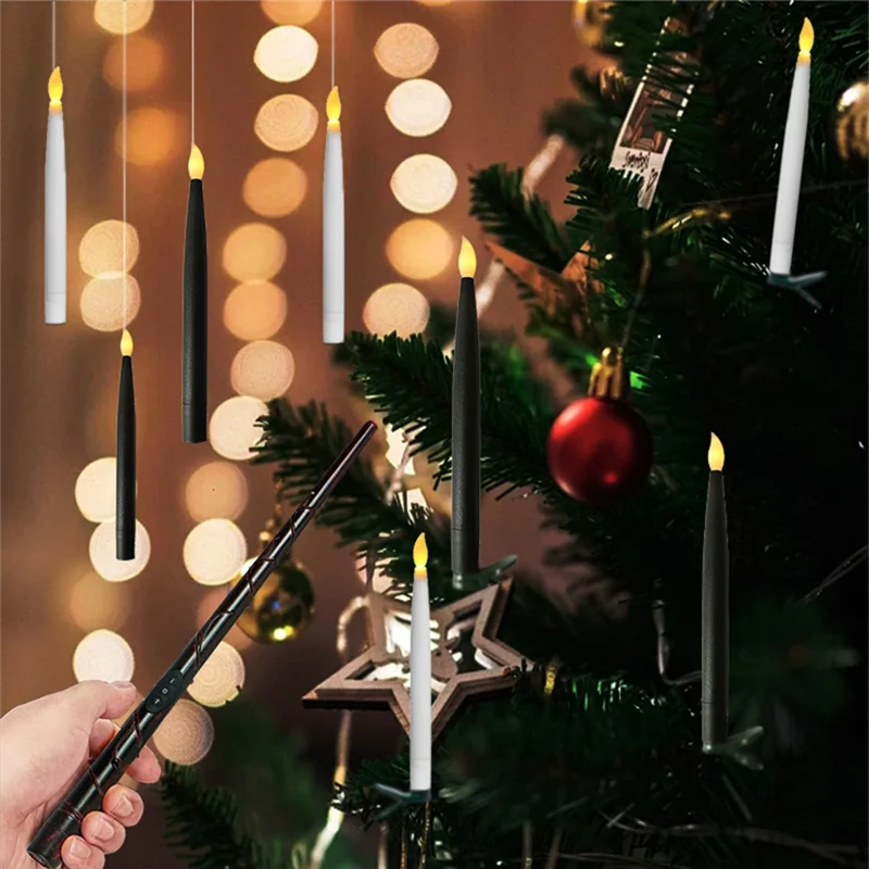 A51M-Hanging Floating Flameless Candles With Wand Flameless Taper Candles LED Candles Warm Light Christmas Candles