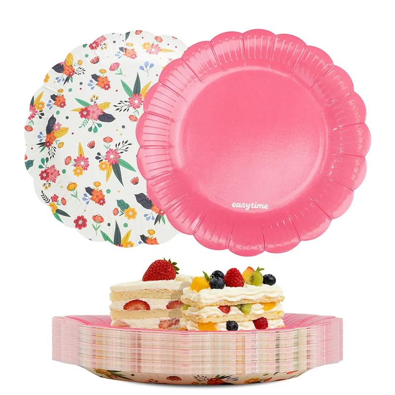 

30pcs Pink Lace Paper Plates 7'' Sunflower Shaped Paper Plates Floral Pattern Dessert Snack Cake Plate Disposable Party Supplies