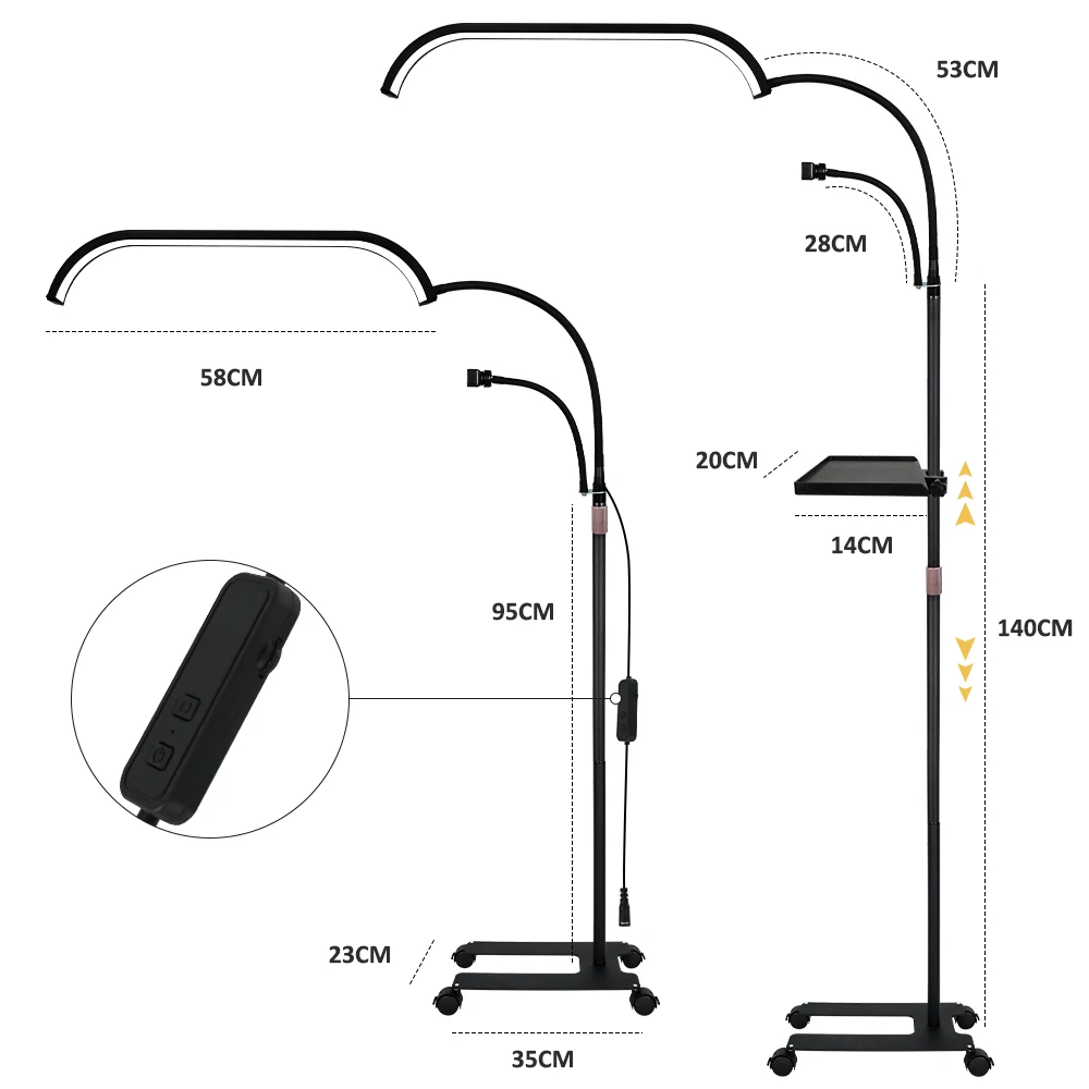 Luz de relleno de piso LED Dual de 23 pulgadas, soporte Flexible regulable de 36W, lámpara de pestañas de media luna con soporte para teléfono, ángulo de brazo oscilante ajustable