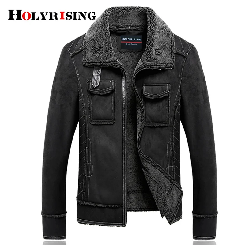 Holyrising Men Fur Lamb Jackets Vintage Pockets Coats Overcoat Zipper Male Woolen Soft Leisure Motorcycle Jacket 18948-5