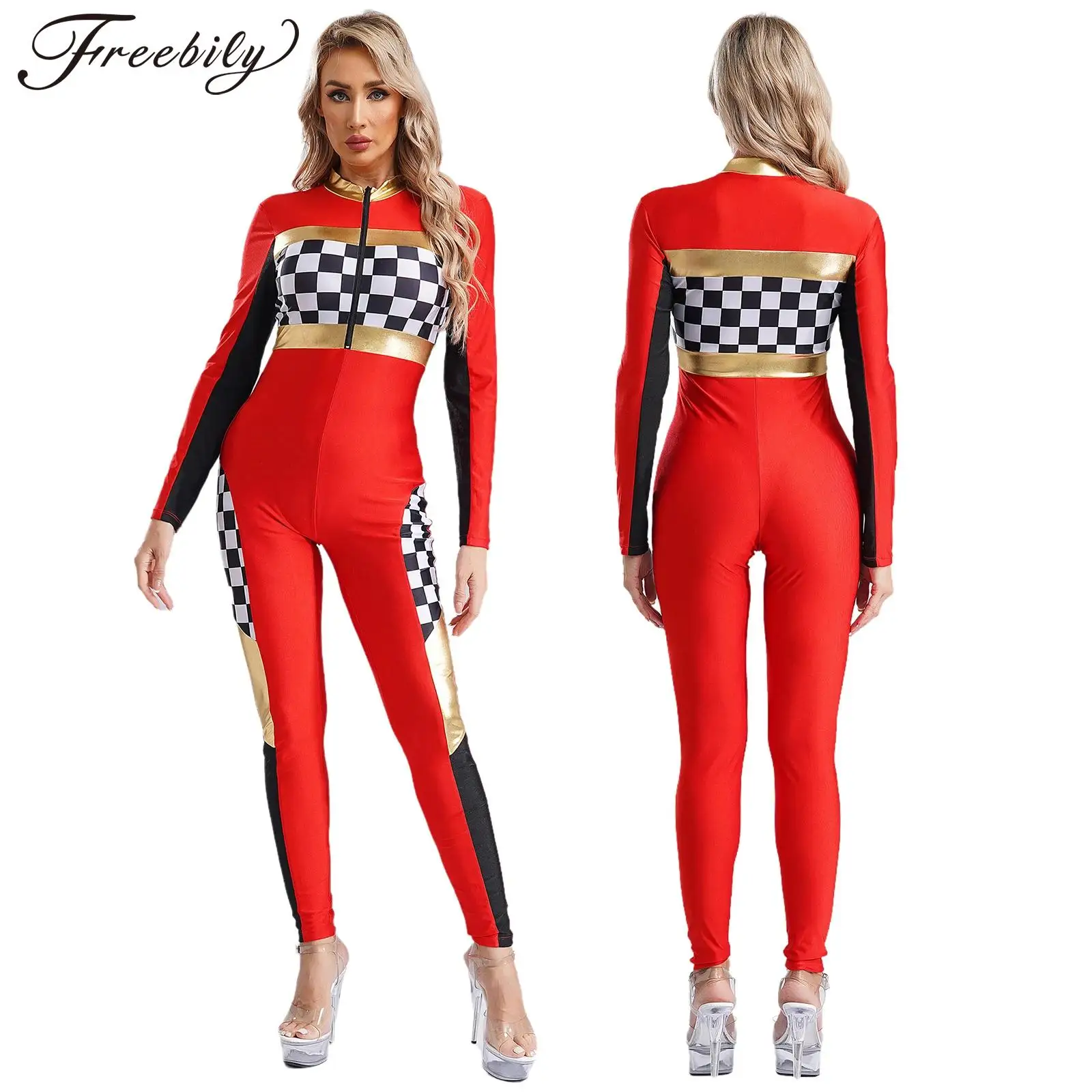 

Women Halloween Racer Driver Cosplay Costume Long Sleeve Zipper Checkerboard Racing Jumpsuit Cheerleading Uniform Clubwear