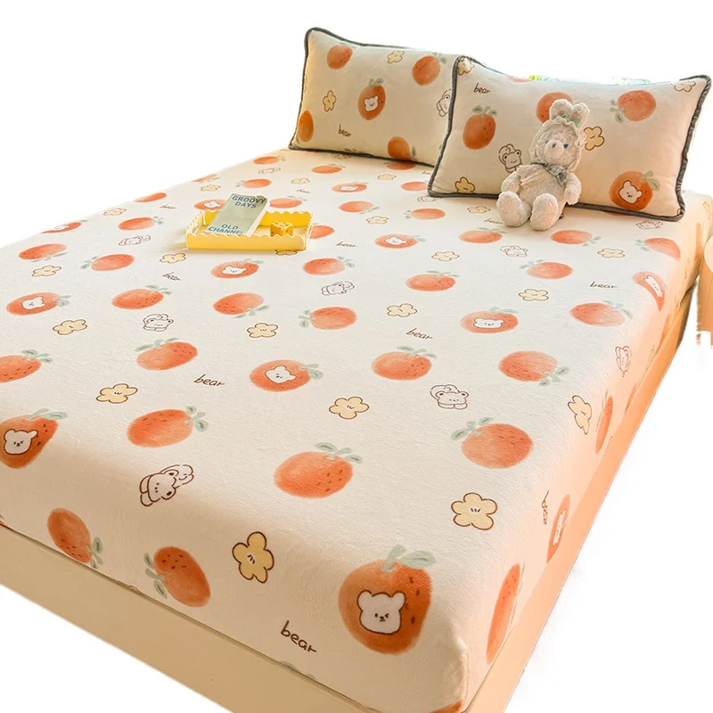 Winter Elastic Mattress Soft Warm Milk Velvet Plush Fitted Sheet Cover Snowflake Fleece Bed Linen Winter Couple Customized Size