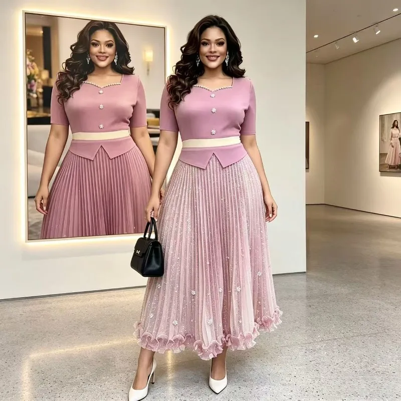 

Miyake Pleated Dress for Women 2026 Spring Summer Plus Size Fashion Casual Beaded Pleated Slimming Versatile Fake Two-Piece