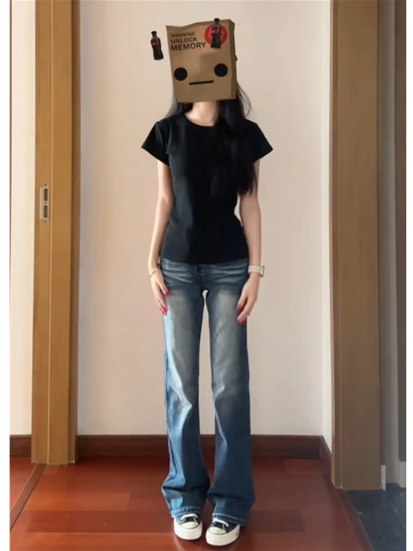 

American Vintage Low Waist Bell Bottom Jeans Women's Spring Slimming Long Tall Extended Floor Length Pants Casual Cotton