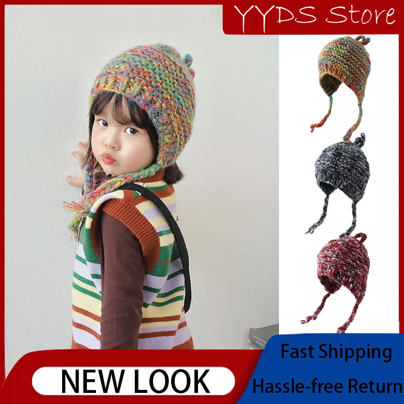 

Children's Melange Knit Hats Parent-child Retro Cute Handmade Colored Coarse Woolen Hat Winter Ear Caps for Boys and Women