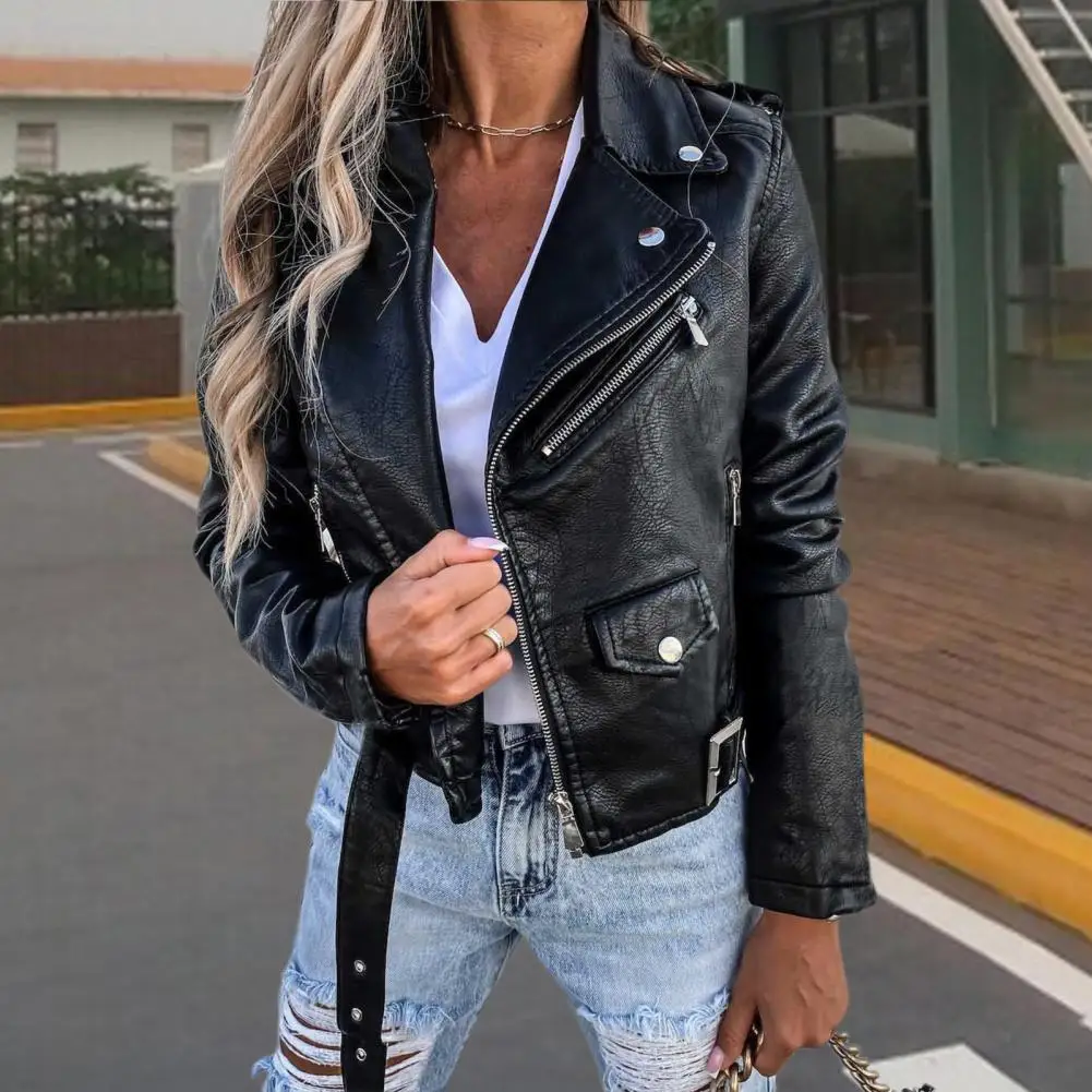 Women Jacket Zipper Faux Leather Lapel Long Sleeves Solid Color Keep Warm High Street Casual Individual Autumn Biker Coat