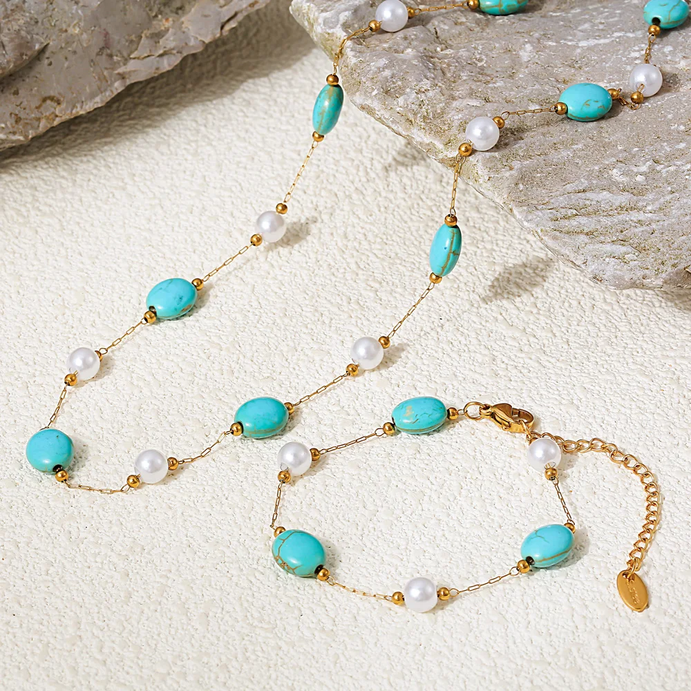 Turquoise Stones Pearl Necklace Bracelet Women Set Stainless Steel Natural Stone Beaded Pendant Female Necklaces Luxury Jewelry