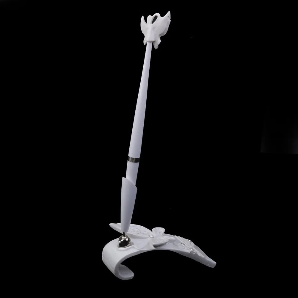 

Elegant Wedding Bridal Rhinestone Signing Pen White 16Cm Resin Guest Book Pen Holder 360 Degree Rotating