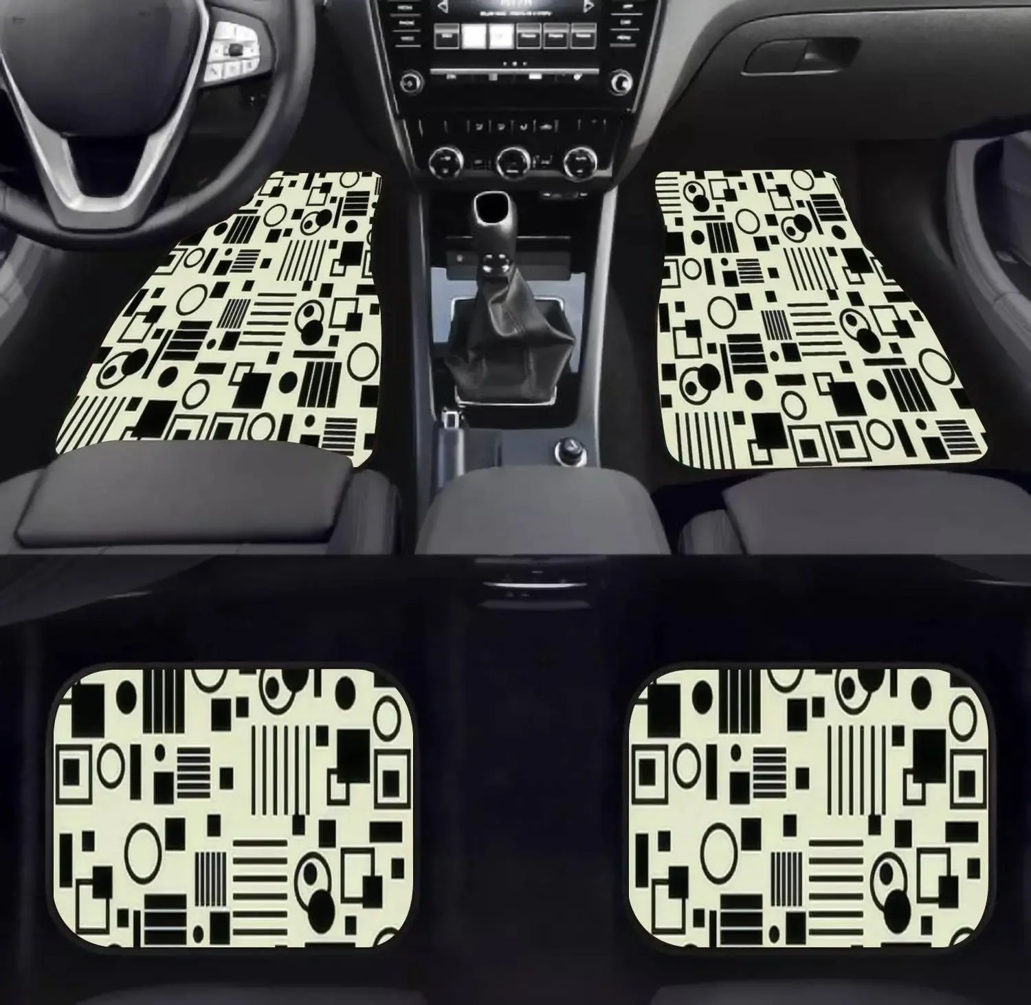 Car Floor Mats - Art Vintage Geometric Black White Carpet Floor Mats for Cars, Anti Slip Rubber Auto Interior Decorative Accesso