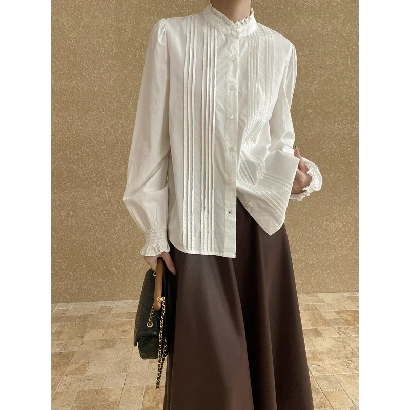 Francês vintage madeira orelha colarinho camisa feminina moda branco doce manga bolha coreia chique elegante básico escritório senhora blusa