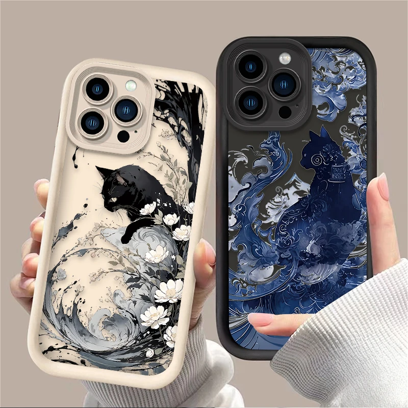 Oil Painting Artistic Cat Case for IPhone 17 Air 16 16E 15 14 13 12 11 Pro Max X XS X S Max XR SE 2020 SE4 7 8 Silicone Cover