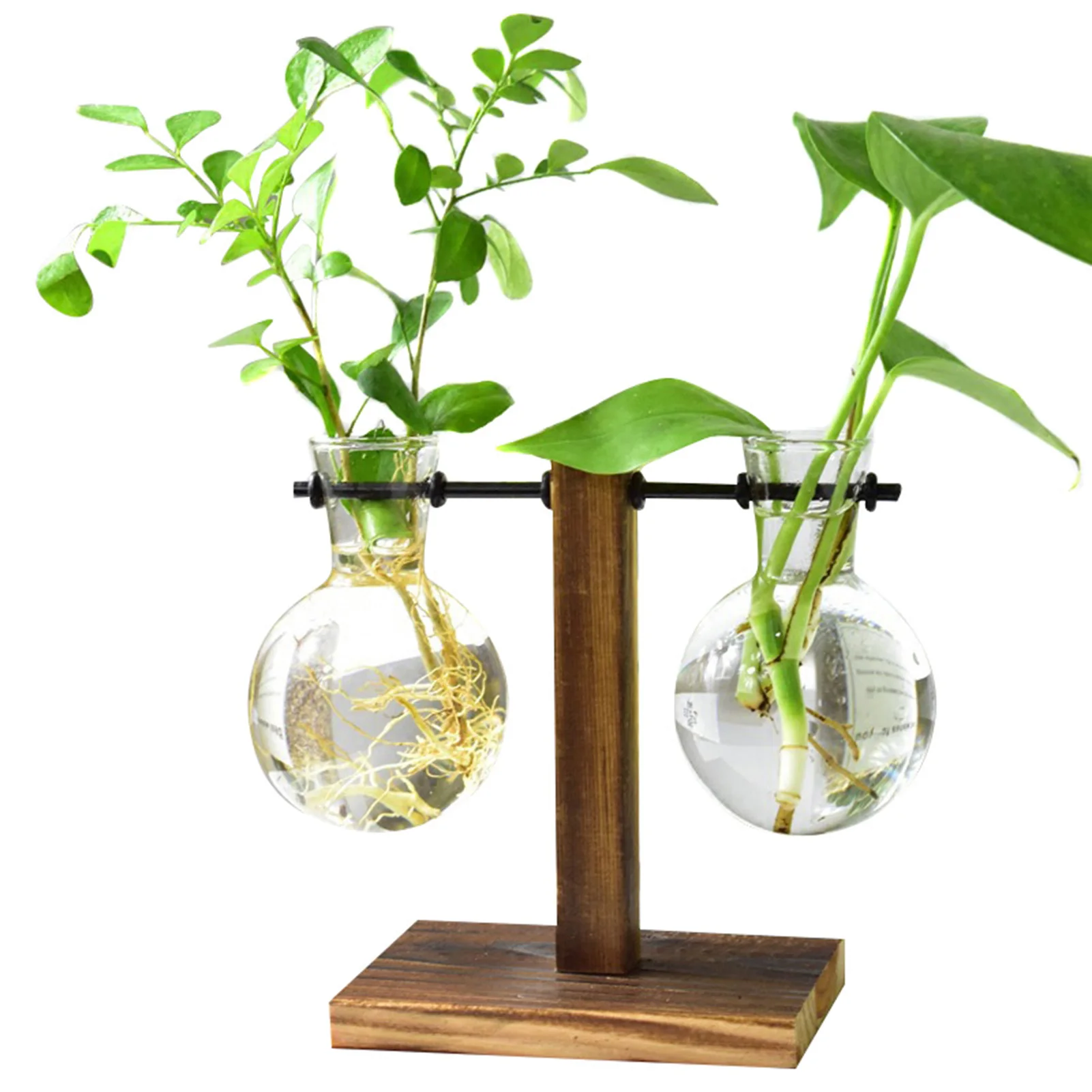 Table Desk Bulb Glass Hydroponic Vase Flower Plant Pot with Wooden Tray Office Decor Accessories Plant Pot Wooden Tray CLH@8