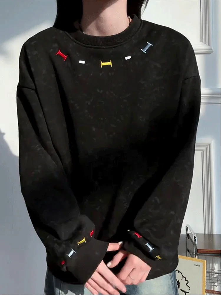 

Ретро-свитшот в гонконгском стиле с круглым вырезом и вышитыми буквами, свободный, с длинными рукавами, женский, осенний, модный, универсальный, для пар