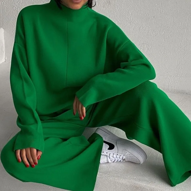 New Women Green Knitted Pants Sets Autumn Winter Stand Collar Loose Sweaters Tracksuits + Wide-Leg Trousers Suits Two Piece Set