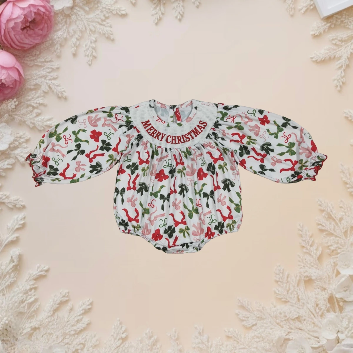 

Smocked Baby Infant Girl Newborn Bubble Long Sleeve Romper Christmas Toddler Playsuit Ruffle Bows Cozy Cute Jumpsuit Clothes