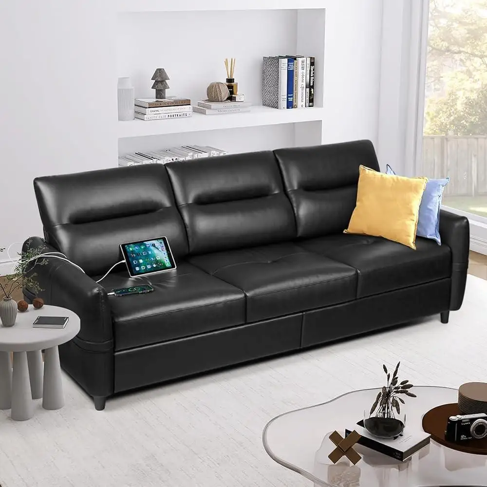 Faux Leather Sofa 3 Seater Couch USB Charging Breathable Waterproof Stain Resistant Living Room Furniture Modern Design Scratch