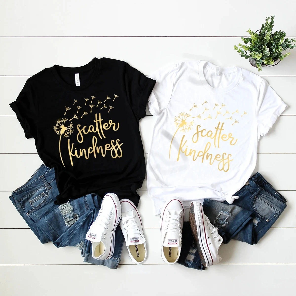 

Scatter Kindness Slogan Women T-shirt Cute Carton Dandelions Flying in The Wind Print Female Shirt New Stylish All Match Tee