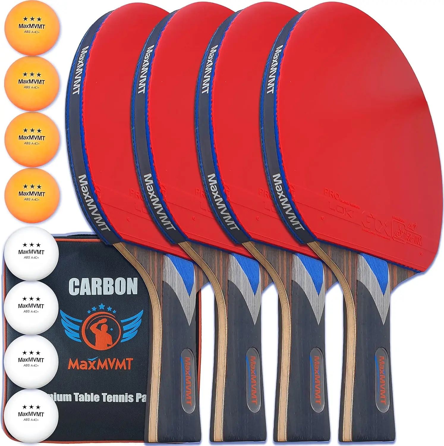 Ping Pong Paddle Set of 4 Carbon Fiber 7 Ply Rackets  2 Wristbands - 8 Balls  1 Rubber Cleaner Sponge  Premium Approve