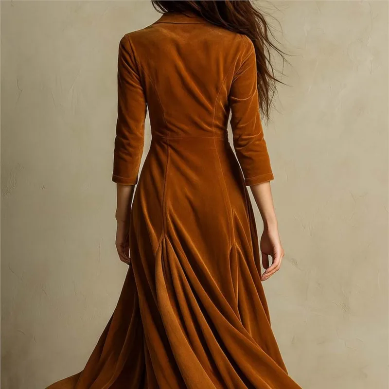 Gonna lunga in velluto elegante da donna autunno inverno moda tinta unita risvolto sottile pieghettato orlo fluido abito da ballo festa vestido