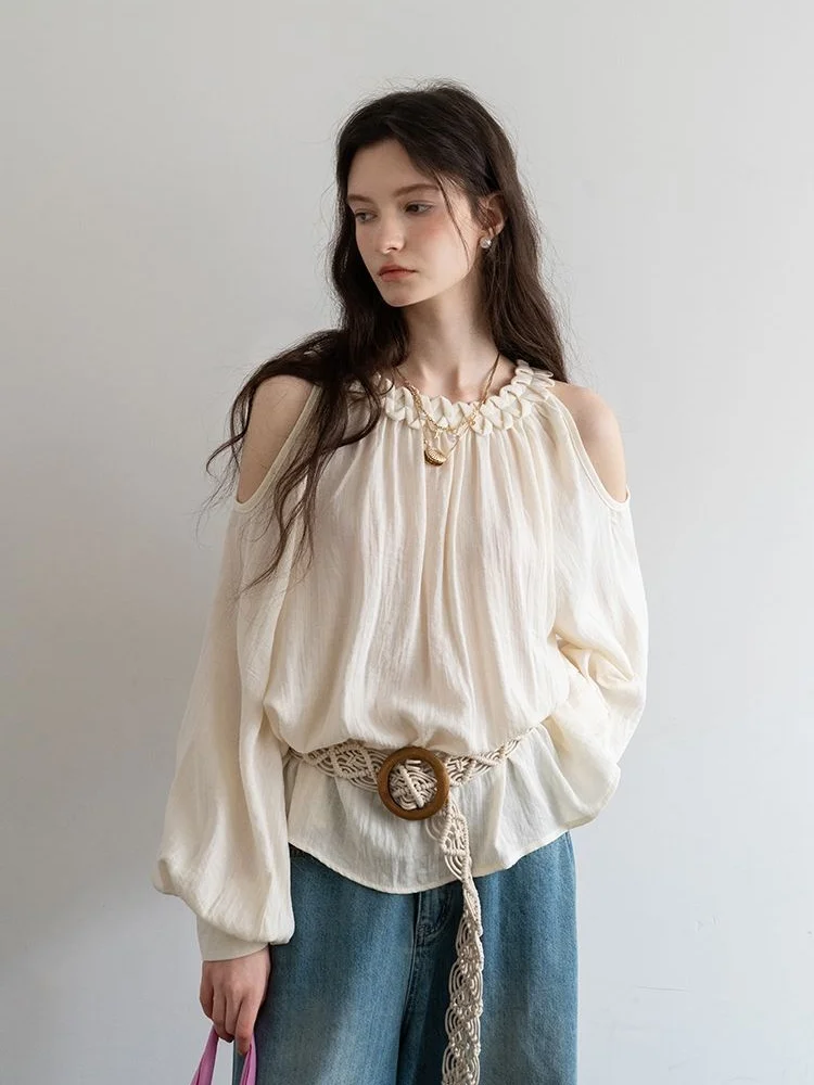 

Women Spring Chic Off-Shoulder Loose Shirt New French Long-Sleeve With Belt Blouse Top