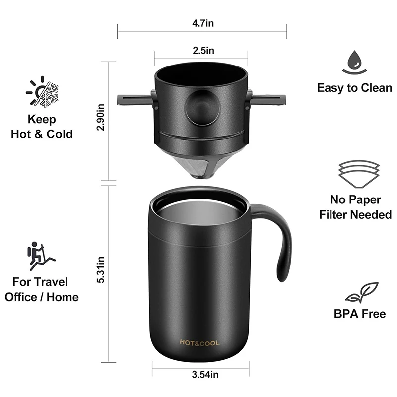 304 Filtro portatile in acciaio inossidabile Gocciolamento Caffè Porta tè Tazza riutilizzabile Caffè Gocciolatore Tazza da tè Set Caffettiera Caffettiera