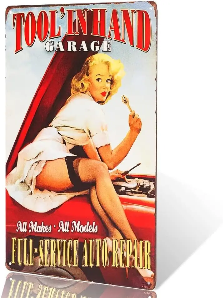 Metal Tin Retro Sign Full Service AUTO Repair Tool in Hand Garage pin up Girls of Garage or Man cave Sign Tin Sign Poster Vintag