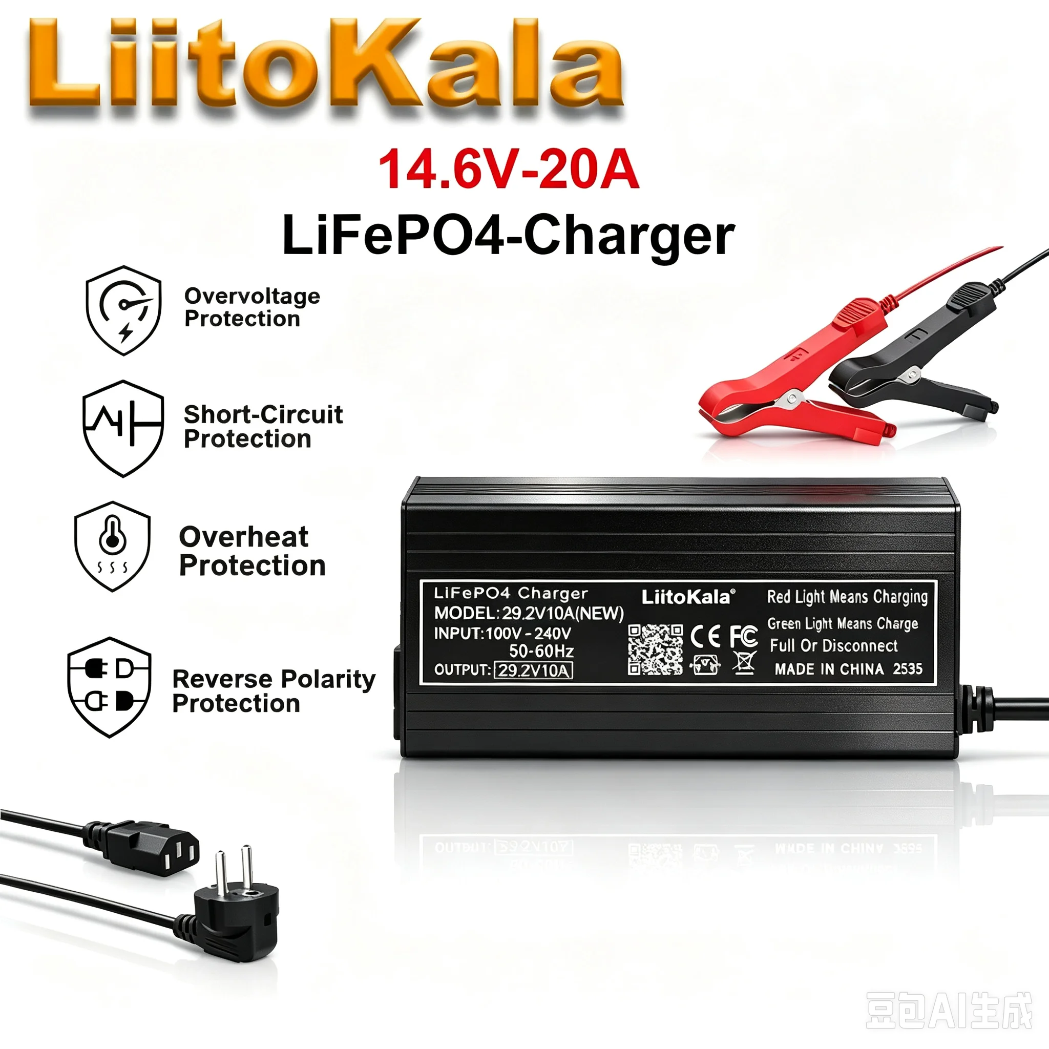 Liitokala 14.6V 20A LiFePO4 Charger 12V with Alligator Clips, AC100-240V Input for 4S Charger LiFePO4 12V