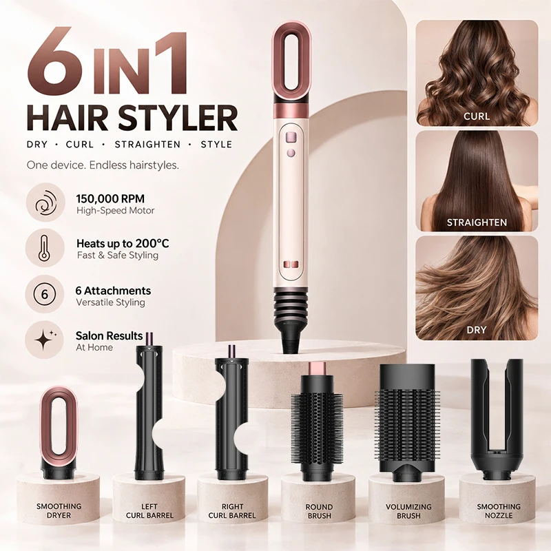 Professional 6 in 1 Cold Hot Air Styling Brush Hair Dryer Curling Iron Straightener Flat Iron 1700W Fast Dry Voluminous Waves