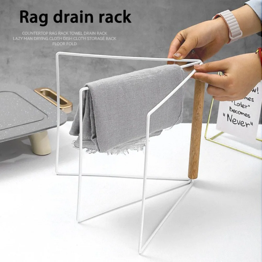 Freestanding Beech Wood Dish Towel Rack, Countertop Wire Rag Drying Holder, No Drilling Kitchen Cloth Drainage Storage Organizer