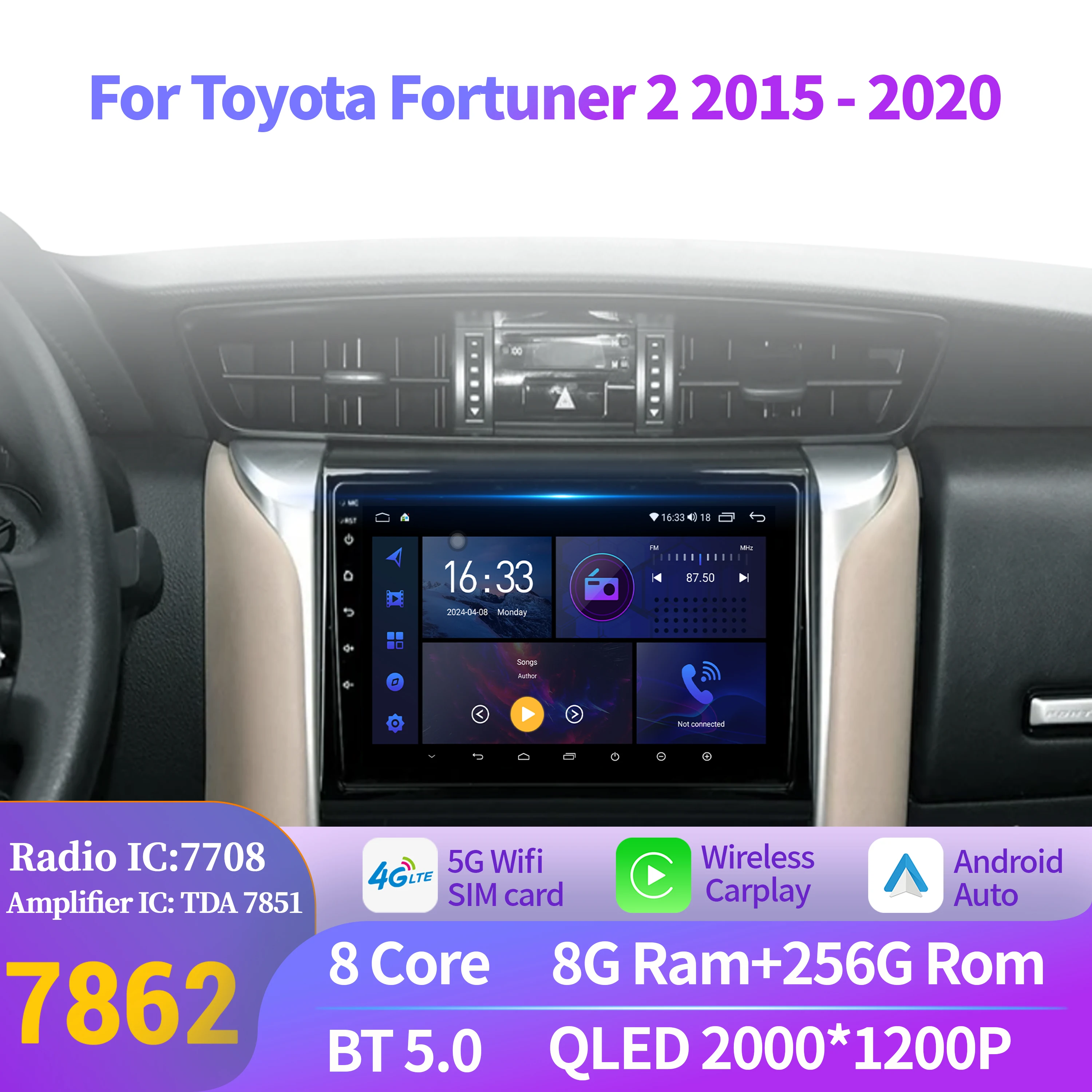 

Car Radio Android 14 For Toyota Fortuner 2 2015-2020 Navigation Multimedia Wireless BT Carplay 7862 8G 256G Touch 2K QLED Screen