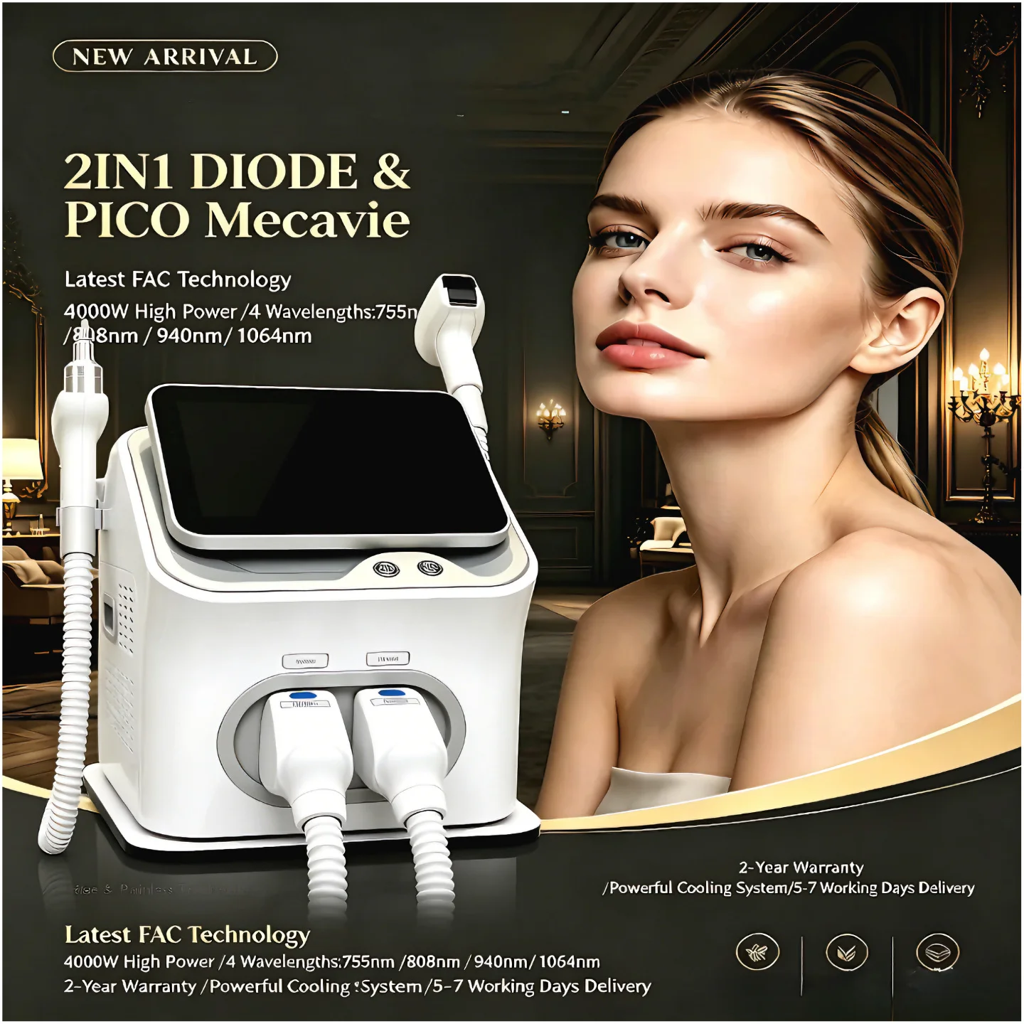 

4000W FAC Ice Titanium Diode & Pico 2IN1 Laser Permanent Hair Removal Tattoo Eraser For Permanent Results‌ All Skin Painless 1 s