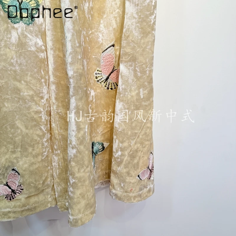 New Chinese Style Elastic Waist Heavy Embroidery Butterfly Velvet Wide Leg Pants Winter New Elegant Temperament Straight Pants