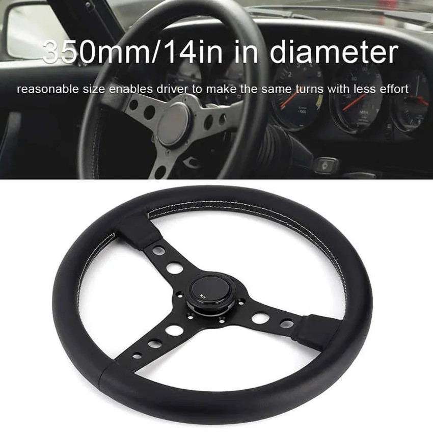 

350mm/14in Racing Steering Wheel for Style 6-Bolt Black Leather Gray Stitching with Horn Button