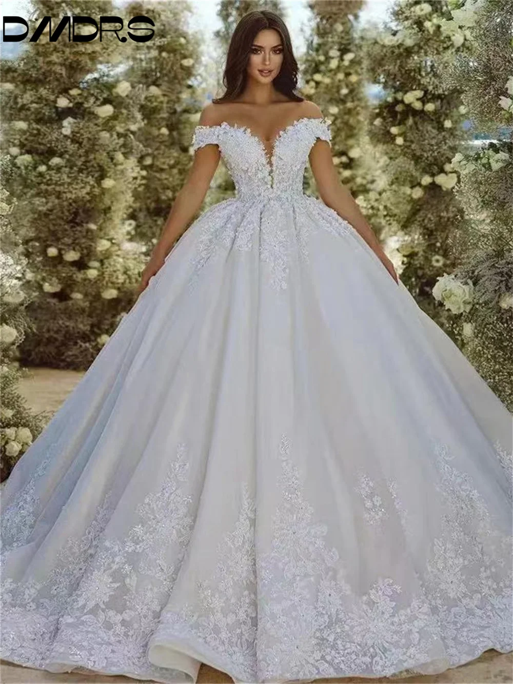 สไตล์ปิดไหล่ชุดแต่งงานโรแมนติกลูกไม้ Appliques ชุดเจ้าสาว Elegant Tulle ชุดเจ้าสาว Vestidos De Novia