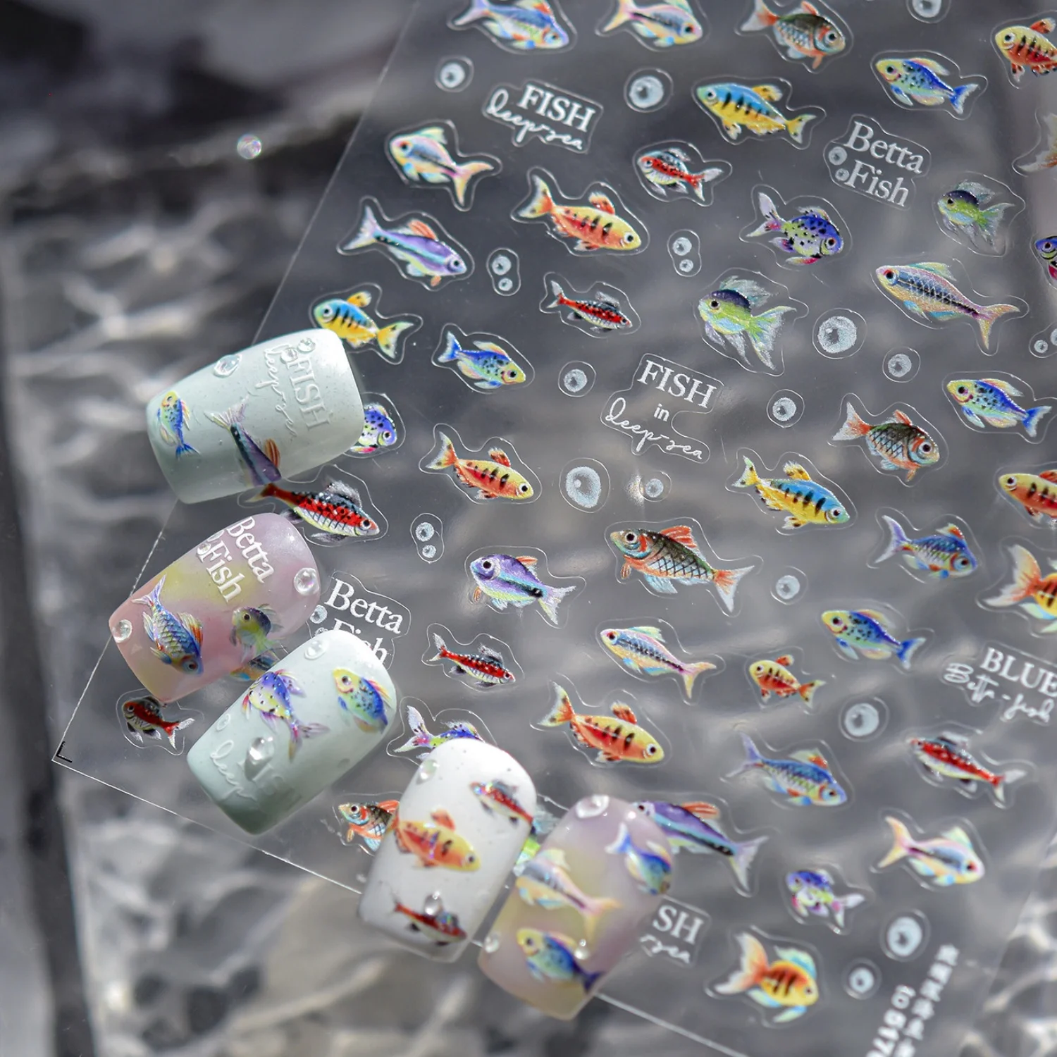 Magnifiques autocollants pour ongles sur le thème des poissons de haute mer, Betta, Capelin, bulles d'eau, bleus, colorés, océan, chic, décalcomanies de manucure, décoration